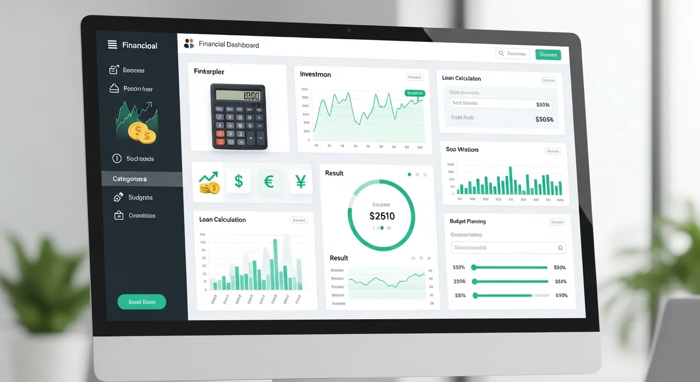 Financial calculator interface displaying loan calculations, investment projections, budget planning tools, and wealth management analytics