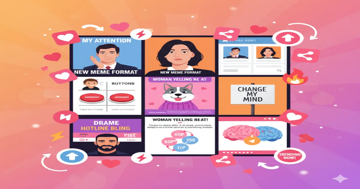 Viral meme creation interface with popular templates, text customization tools, and social media sharing options for content marketing