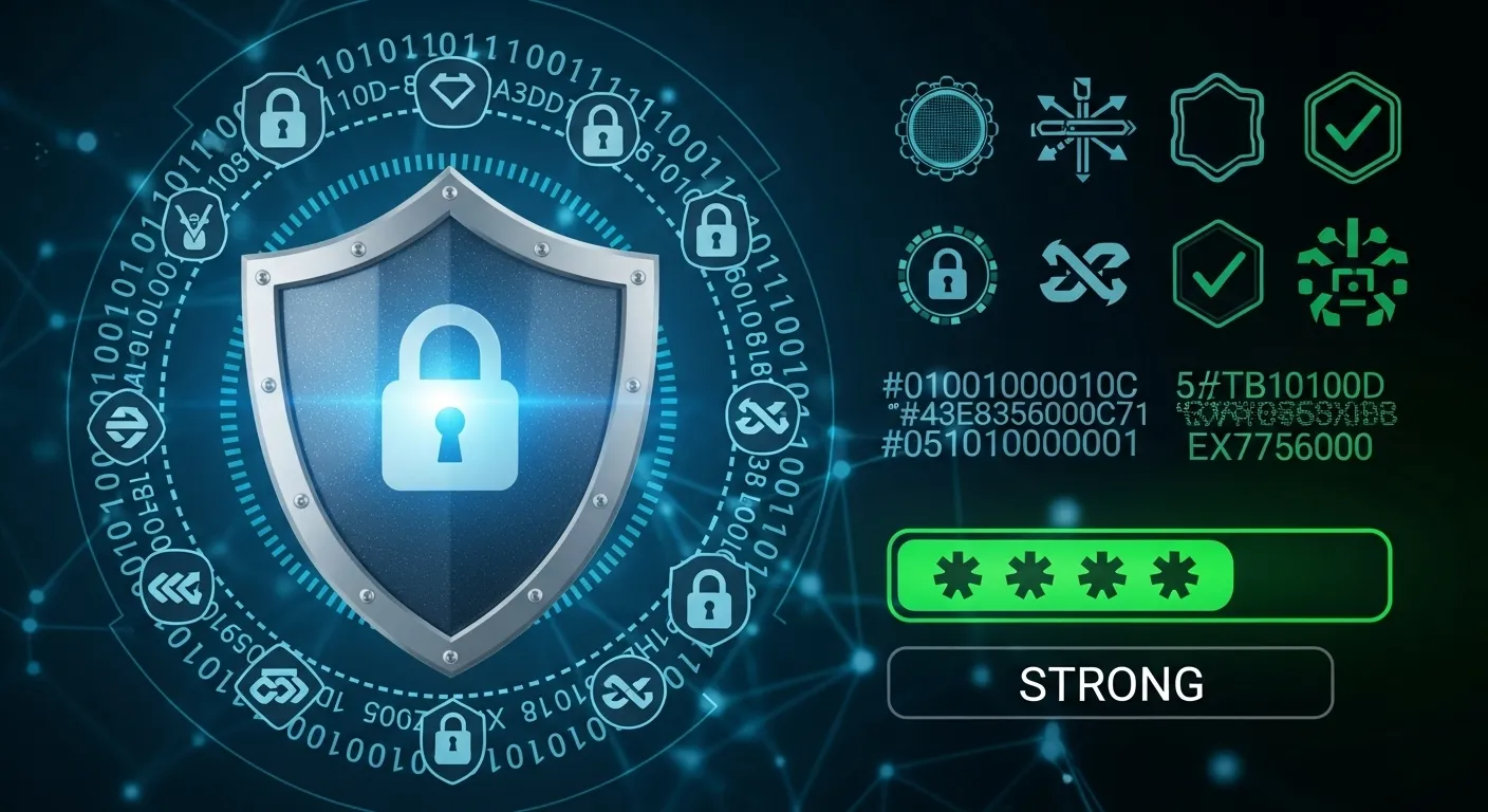 Secure password generator showing strong password creation with encryption symbols, security shields, and multi-factor authentication elements