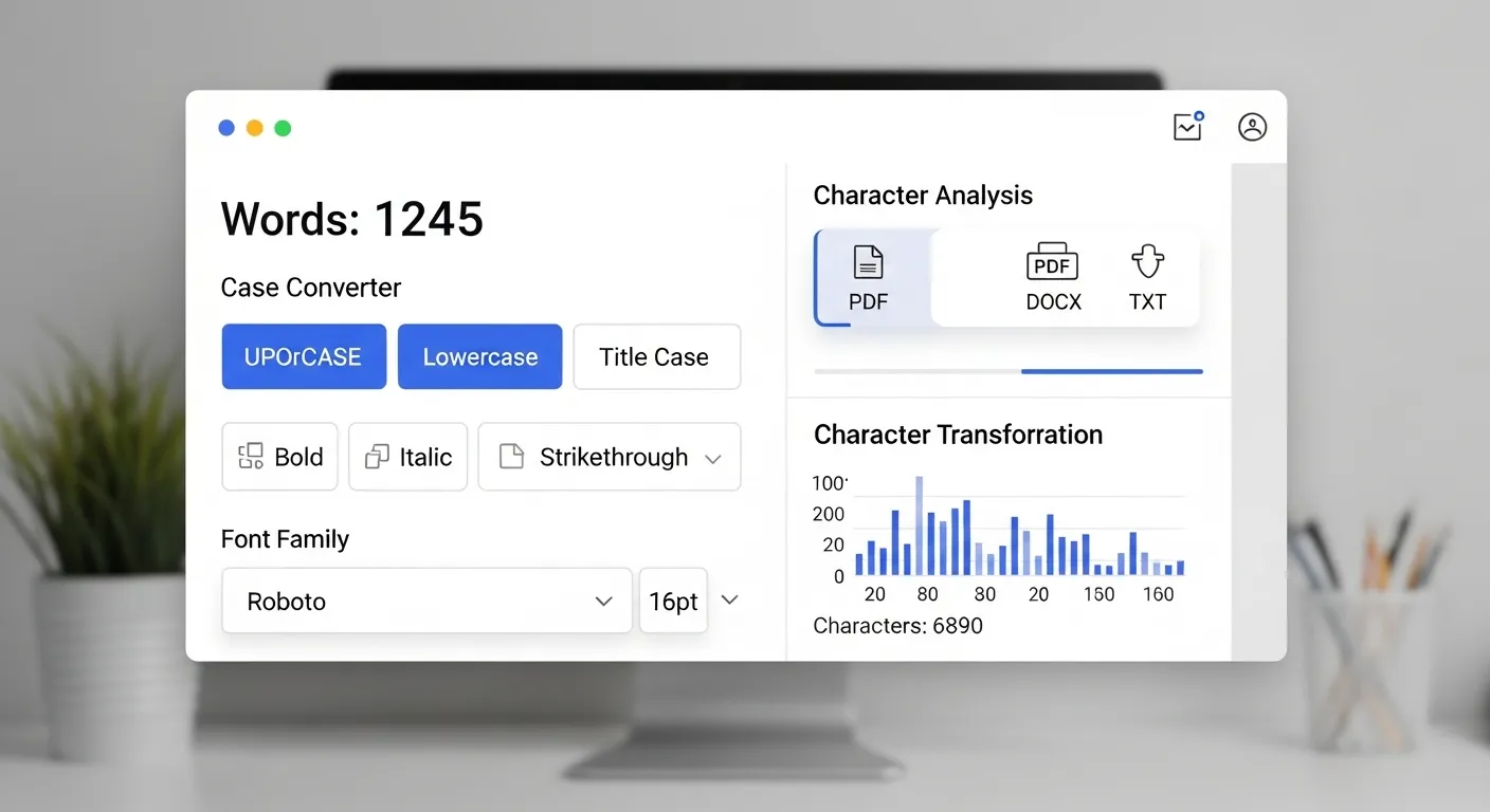 Advanced text processing tools interface showing formatting options, case conversion, word count, and text manipulation features for productivity